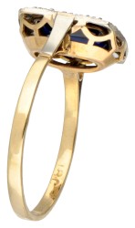 14 kt. Geelgouden art deco ring bezet met diamant en synthetische saffier.
