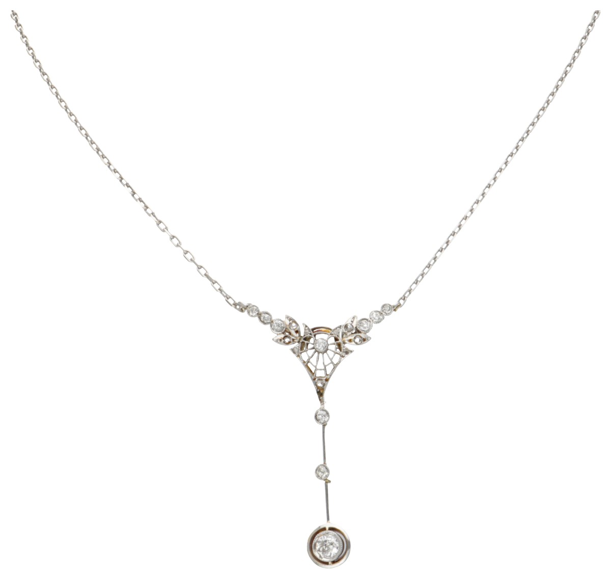 14 kt. Bicolor gouden collier met art deco hanger bezet met ca. 0.35 ct. diamant.