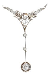 14 kt. Bicolor gouden collier met art deco hanger bezet met ca. 0.35 ct. diamant.