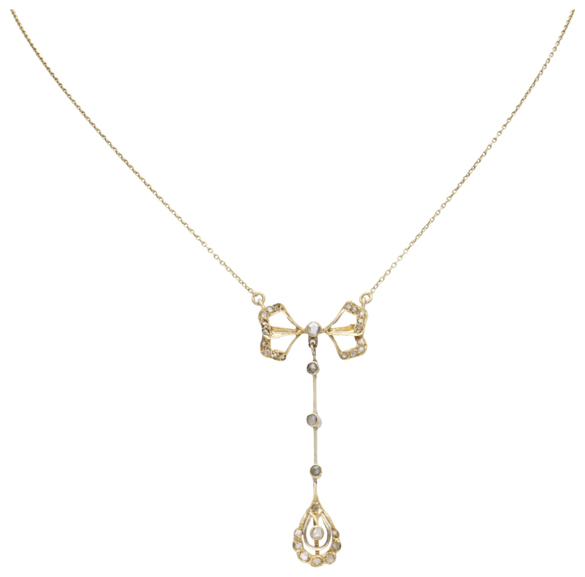 Antieke 14 kt. geelgouden collier met strikvormige hanger bezet met roos geslepen diamanten.