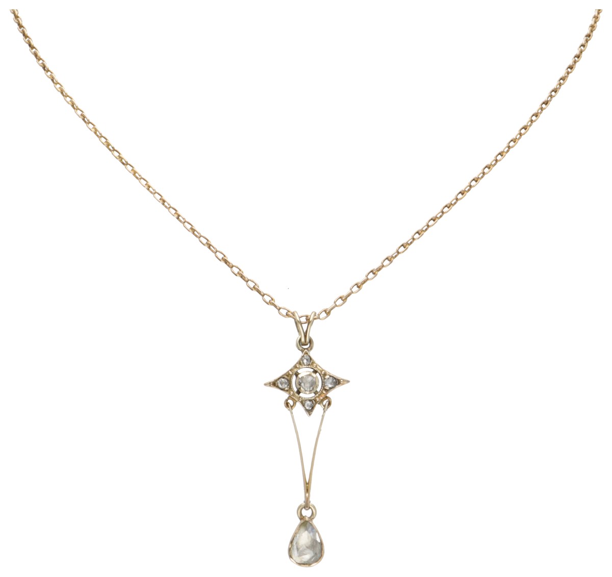 Antiek 14 kt. geelgouden collier met hanger bezet met roos geslepen diamanten.