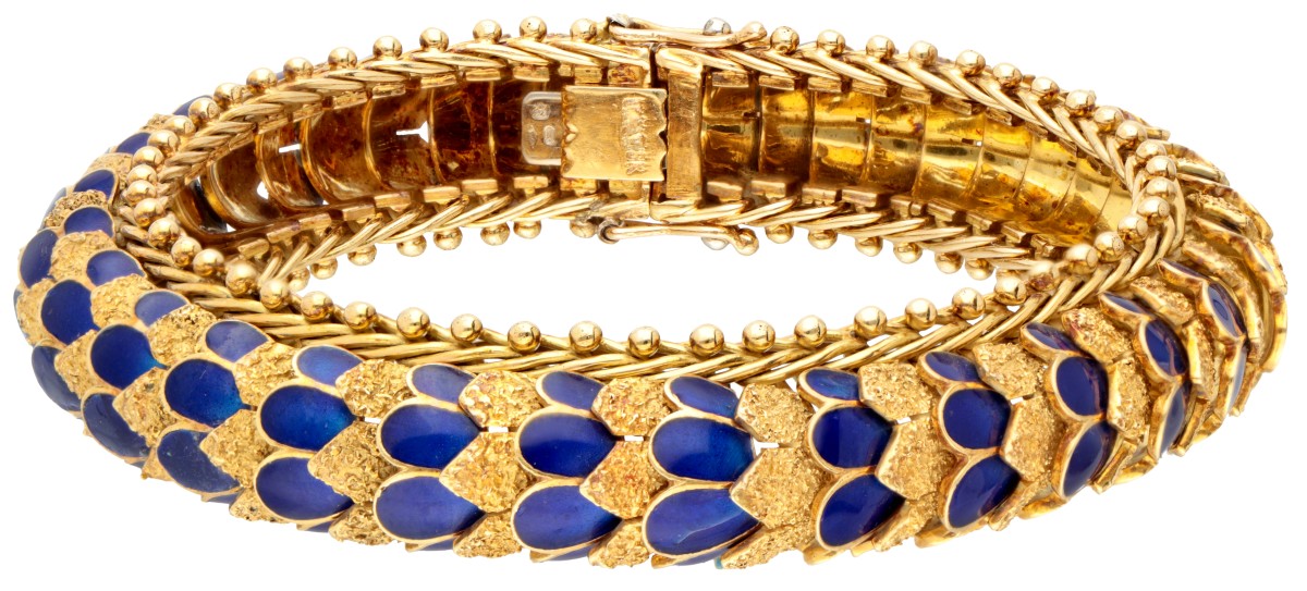 Vintage 18 kt. geelgouden massieve en flexibele armband met blauwe emaille.