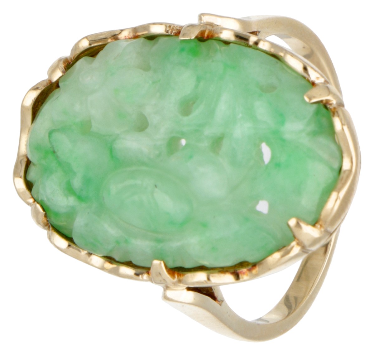 Vintage 14 kt. geelgouden ovale ring bezet met floraal gesneden jade.