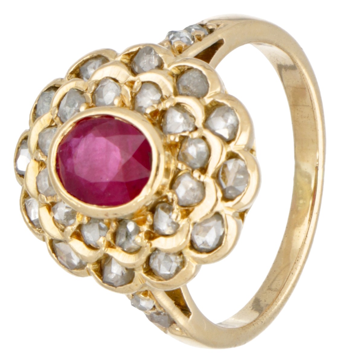 Vintage 18 kt. geelgouden ring bezet met ca. 0.56 ct. robijn en diamant.