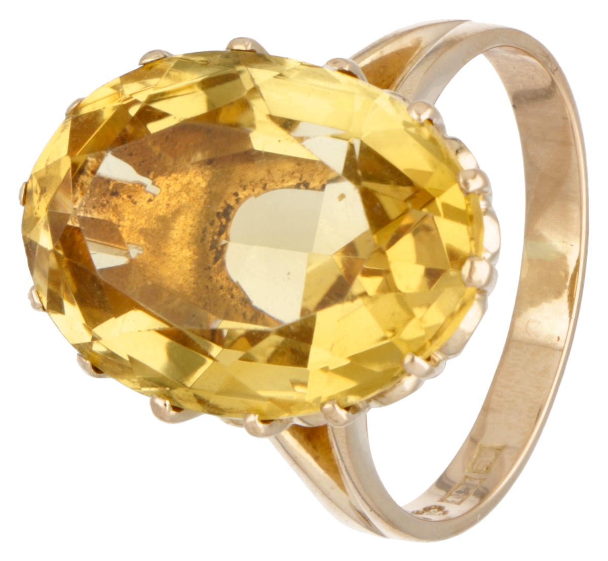 Vintage 18 kt. geelgouden Zweedse design ring bezet met ca. 13.70 ct. citrien.