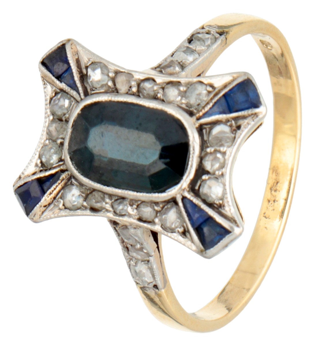 18 kt. Bicolor gouden art deco ring bezet met ca. 1.25 ct. saffier en diamant.