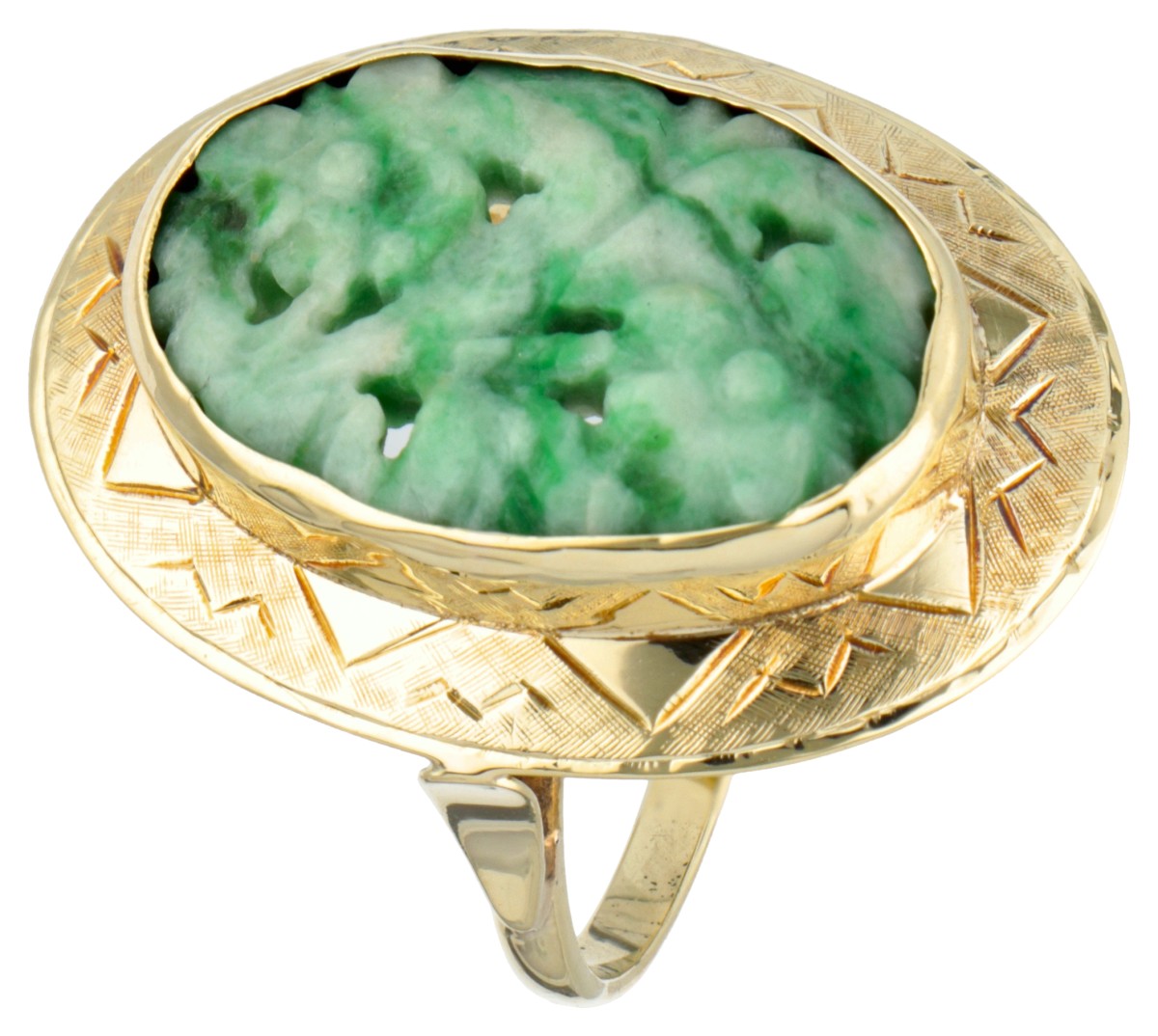 Vintage 14 kt. geelgouden ring bezet met jade met florale details.