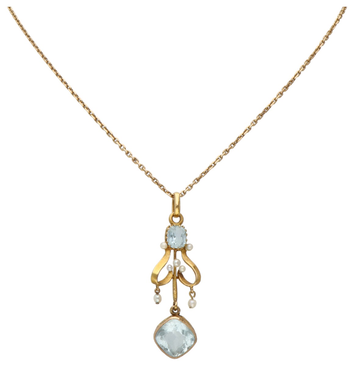 14 kt. Geelgouden collier met art nouveau hanger bezet met ca. 3.14 ct. natuurlijke aquamarijn en zaadparels.