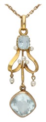 14 kt. Geelgouden collier met art nouveau hanger bezet met ca. 3.14 ct. natuurlijke aquamarijn en zaadparels.