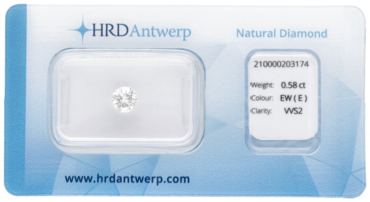 HRD-gecertificeerde 0.58 ct. rond briljant geslepen natuurlijke diamant.