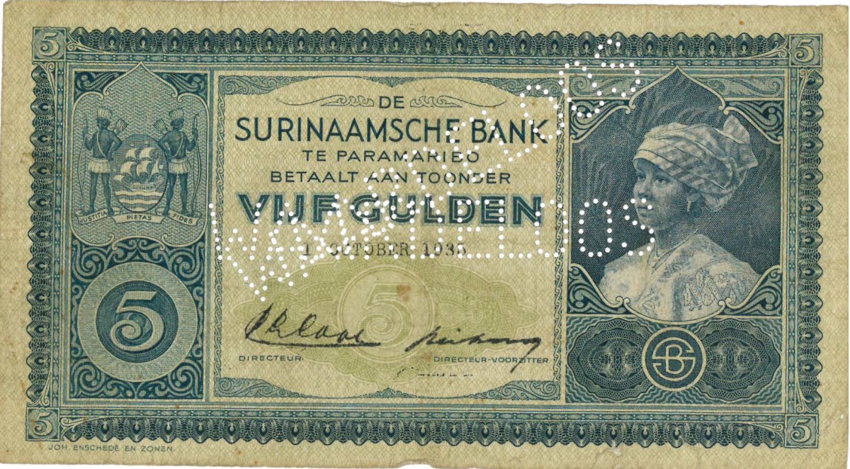 Suriname. 5 gulden . Banknote. Type 1935. Type stamp: worthless. - Very good.