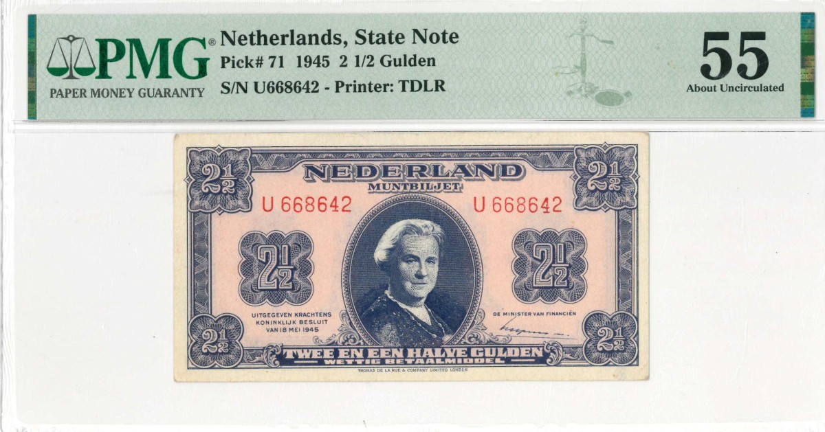 Nederland. 2½ gulden . Muntbiljet. Type 1945. Type Wilhelmina II. - Nagenoeg UNC.