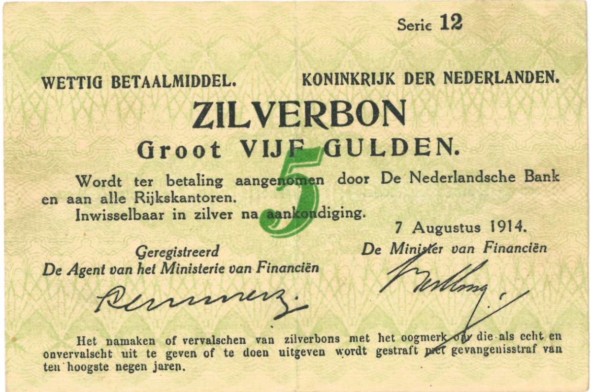 Nederland. 5 gulden . Zilverbon. Type 1914. - Zeer Fraai / Prachtig.