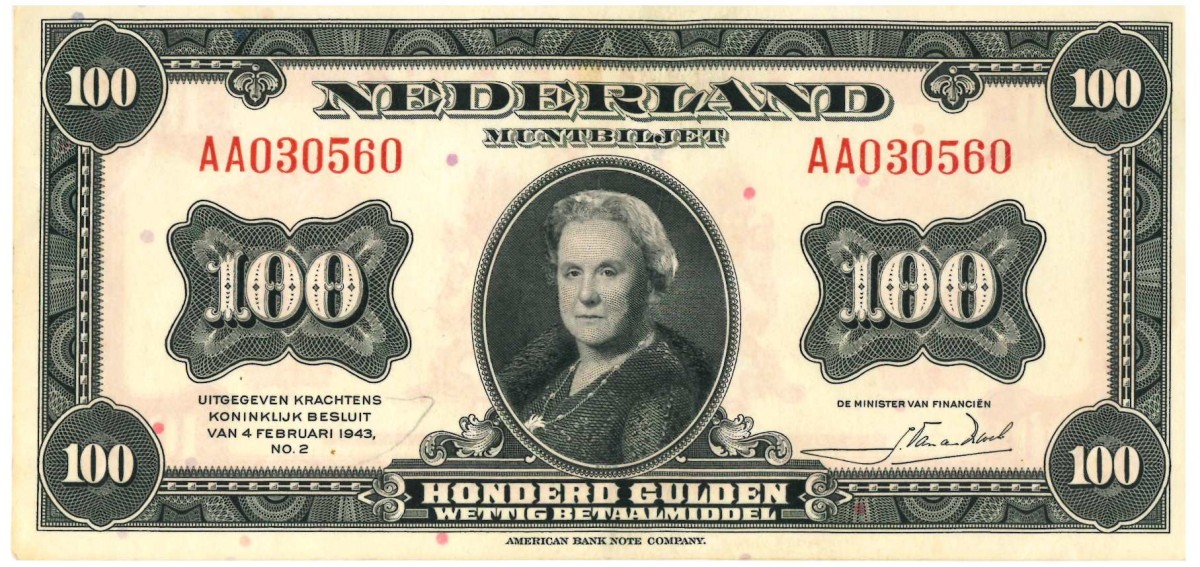 Nederland. 100 gulden . Muntbiljet. Type 1943. Type Wilhelmina I. - Zeer Fraai +.