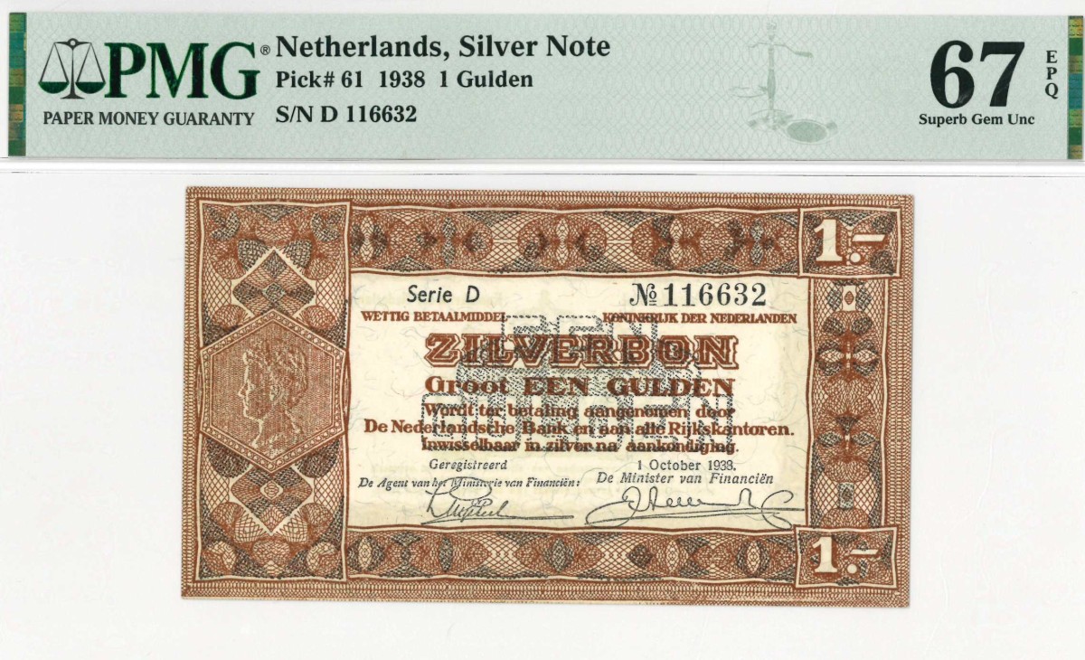 Nederland. 1 gulden . Zilverbon. Type 1938. - UNC.