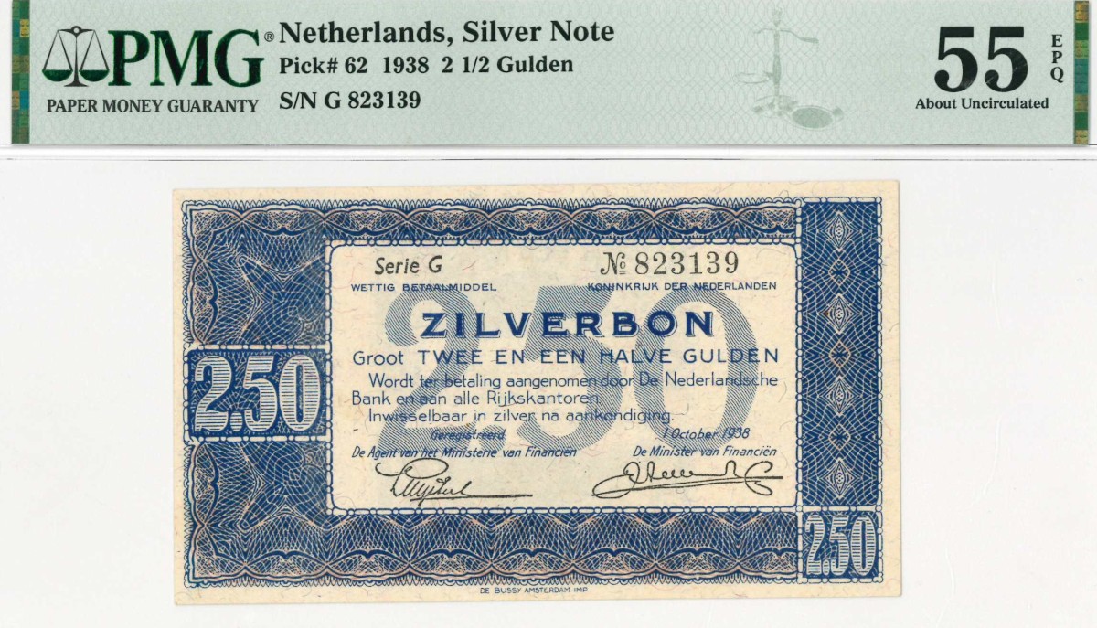 Nederland. 2½ gulden. Zilverbon. Type 1938. - Nagenoeg UNC.