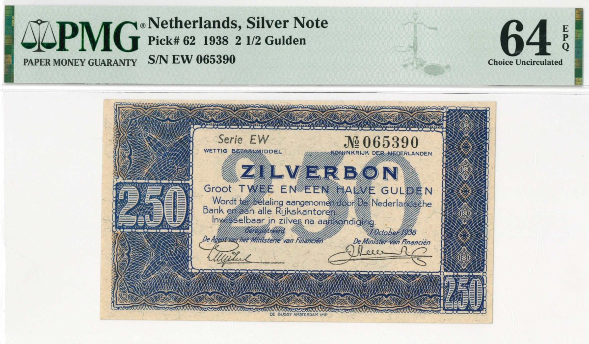 Nederland. 2½ gulden . Zilverbon. Type 1938. - UNC.