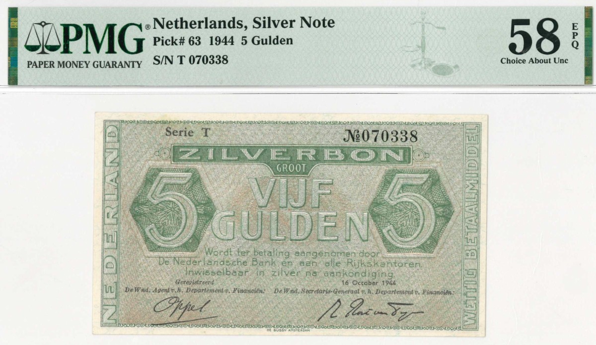 Nederland. 5 gulden. Zilverbon. Type 1944. - Nagenoeg UNC.