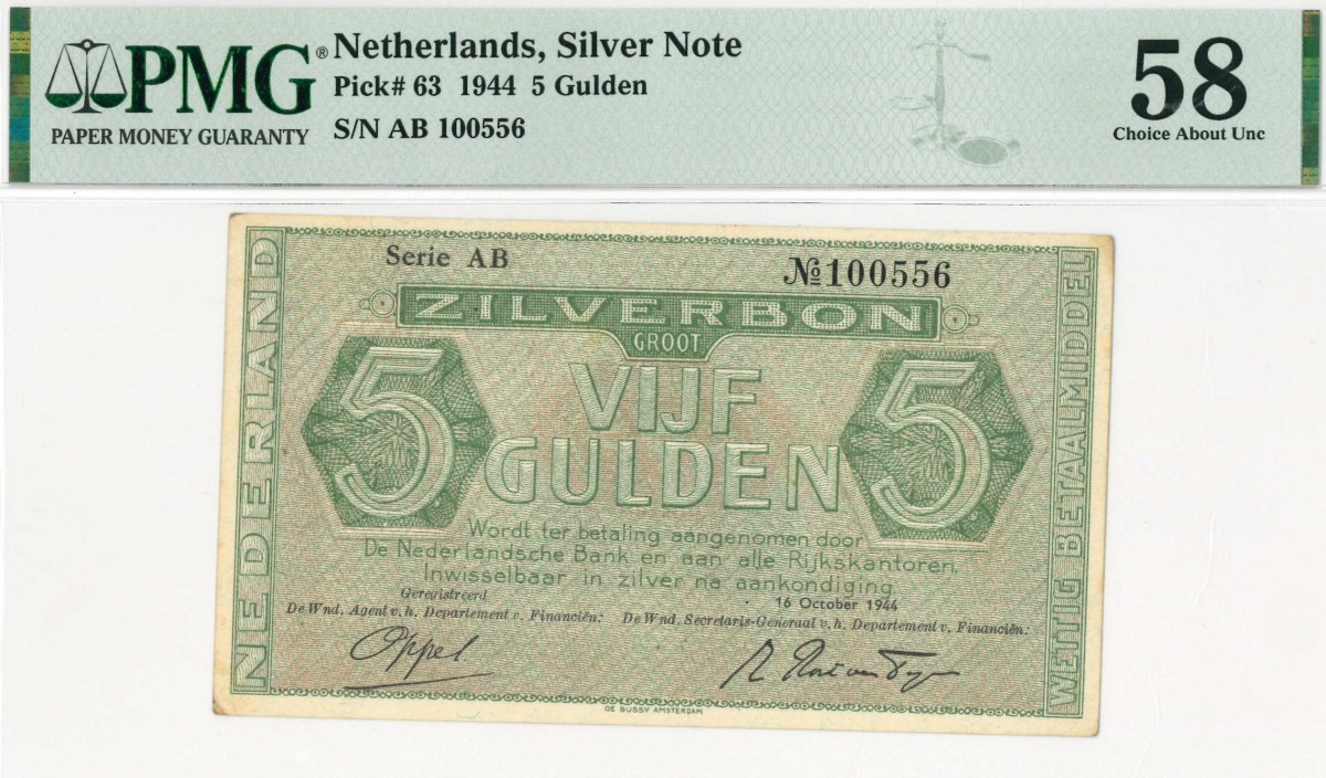 Nederland. 5 gulden . Zilverbon. Type 1944. - Nagenoeg UNC.