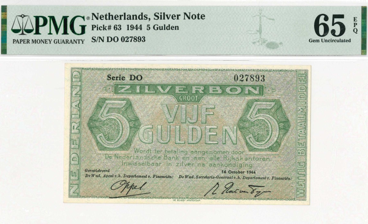 Nederland. 5 gulden . Zilverbon. Type 1944. - UNC.