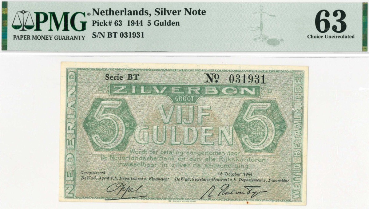 Nederland. 5 gulden . ZIlverbon. Type 1944. - UNC.