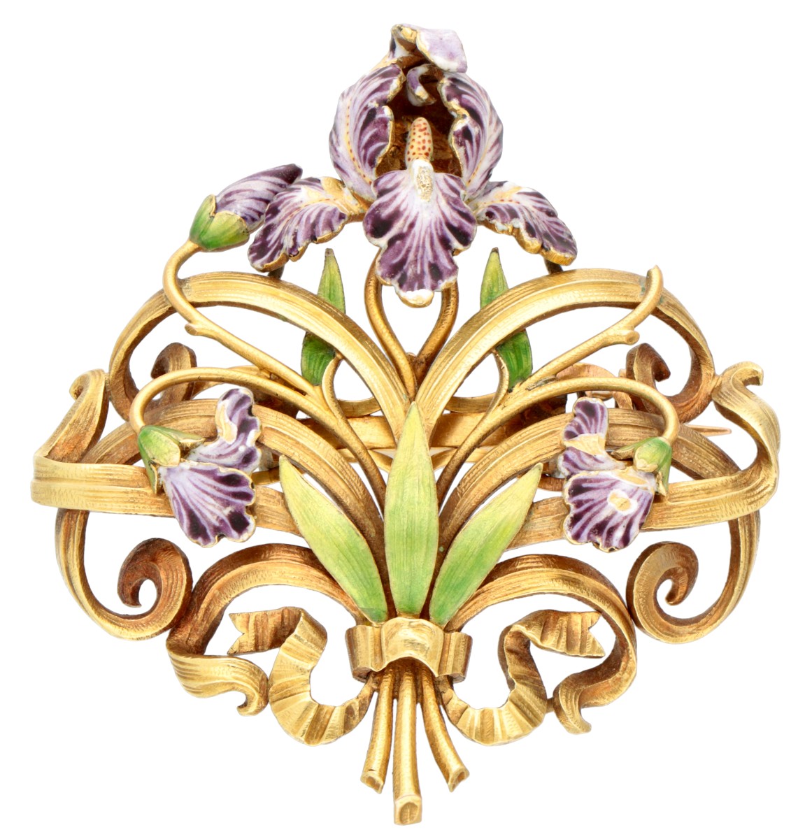 18 kt. Geelgouden Franse art nouveau broche met geëmailleerde lelies, onduidelijk gesigneerd.