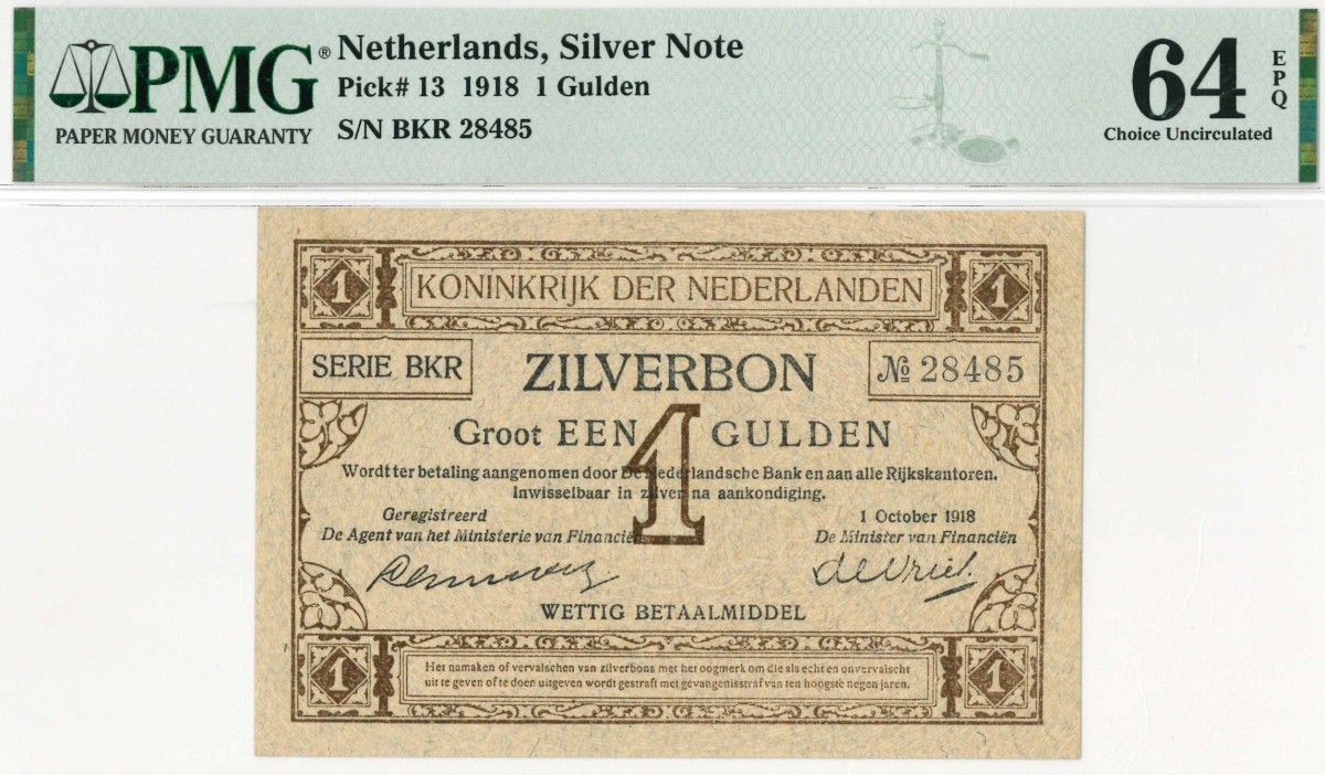 Nederland. 1 gulden . Zilverbon. Type 1918. - UNC.