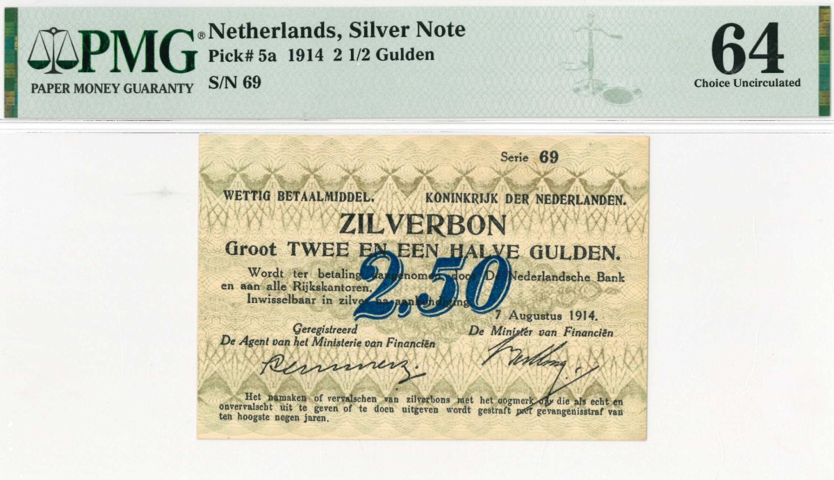Nederland. 2½ gulden . Zilverbon. Type 1914. - UNC.
