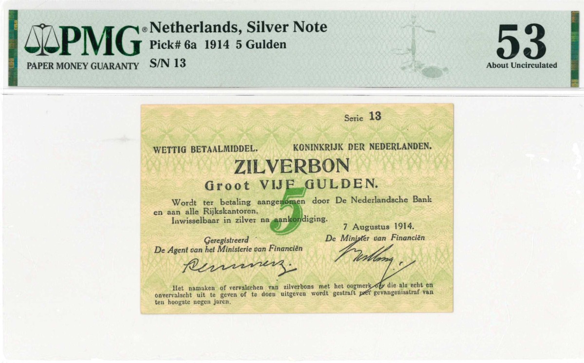 Nederland. 5 gulden . Zilverbon. Type 1914. - Nagenoeg UNC.