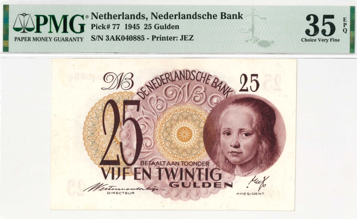 Nederland . 25 gulden . Bankbiljet. Type 1945. Type Meisje in blauw. - Zeer Fraai.