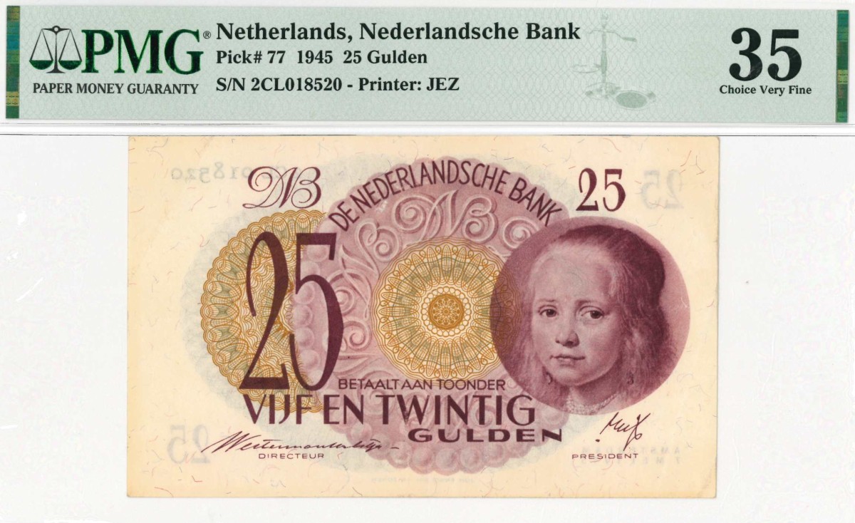 Nederland. 25 gulden . Bankbiljet. Type 1945. Type Meisje in blauw . - Zeer Fraai.