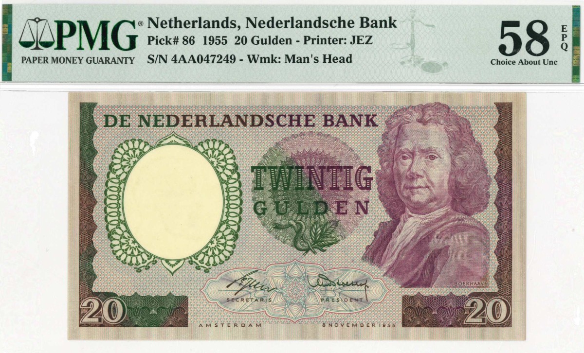 Nederland. 20 gulden . Bankbiljet. Type 1955. Type Boerhaave. - Nagenoeg UNC.