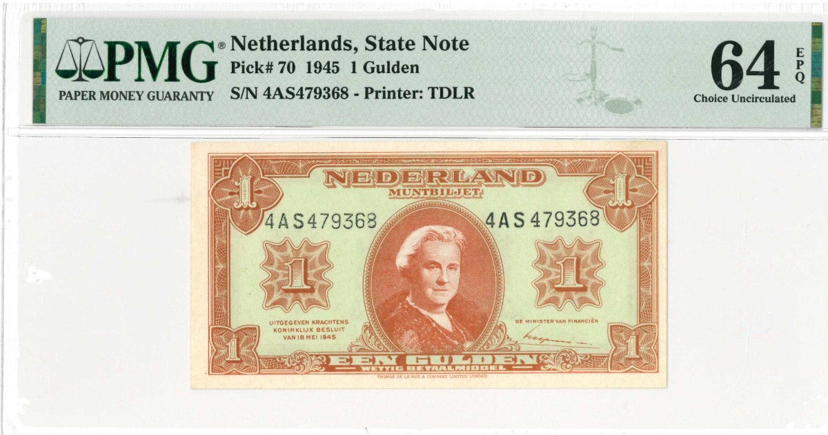 Nederland. 1 gulden . Muntbiljet. Type 1945. Type Wilhelmina II. - UNC.