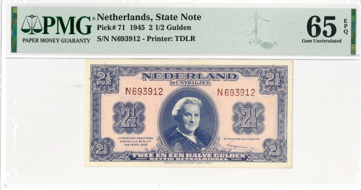 Nederland. 2½ gulden . Muntbiljet. Type 1945. Type Wilhelmina II. - UNC.