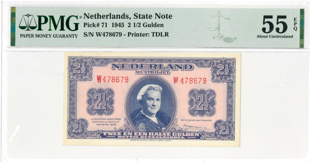 Nederland. 2½ gulden . Muntbiljet. Type 1945. Type Wilhelmina II. - Nagenoeg UNC.