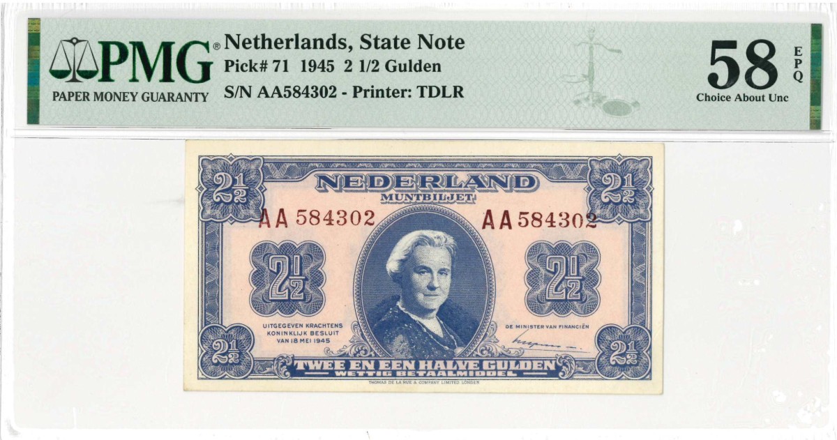 Nederland. 2½ gulden . Muntbiljet. Type 1945. Type Wilhelmina II. - Nagenoeg UNC.