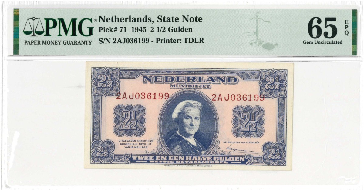 Nederland. 2½ gulden . Muntbiljet. Type 1945. Type Wilhelmina II. - UNC.