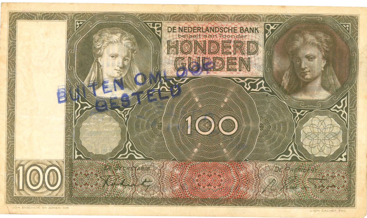 Nederland. 100 gulden . Bankbiljet. Type 1930. Type Luitspelende vrouw . - Prachtig.