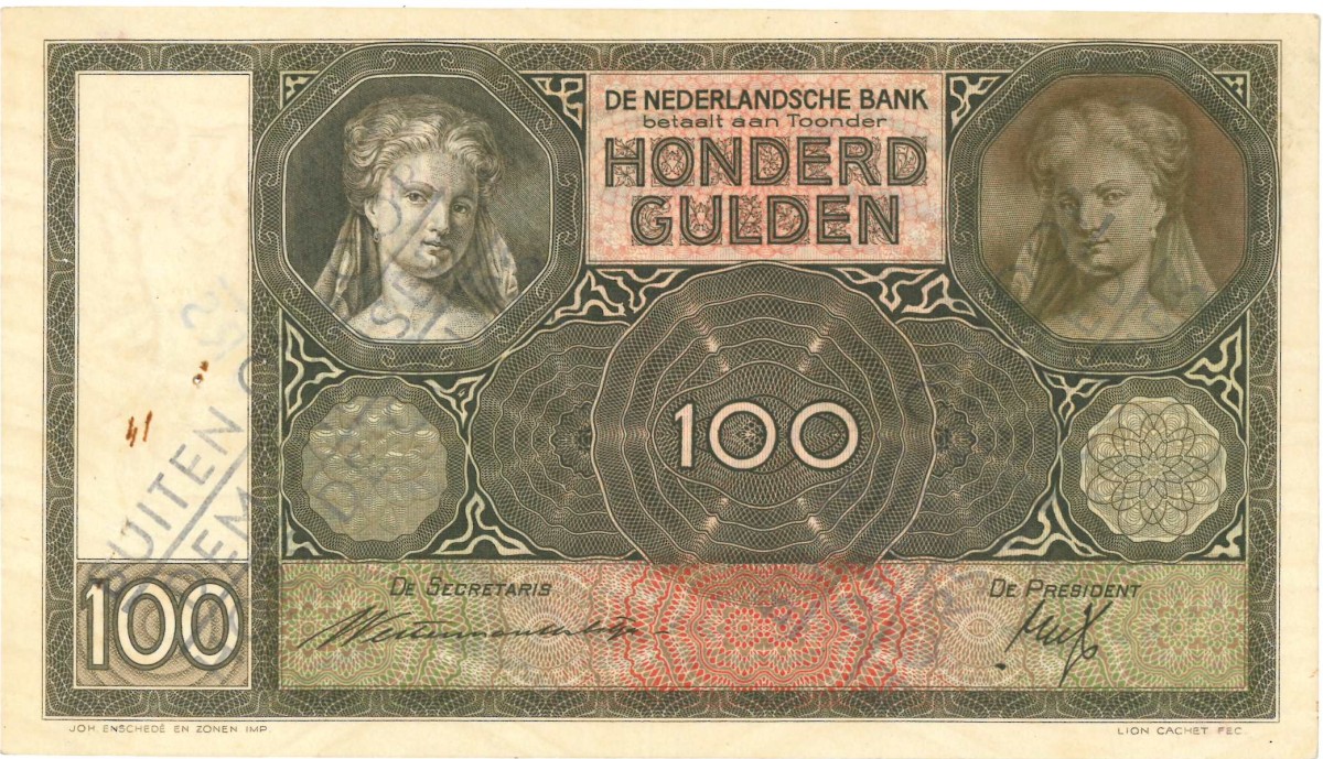 Nederland. 100 gulden . Bankbiljet. Type 1930. Type Luitspelende vrouw. - Zeer Fraai +.