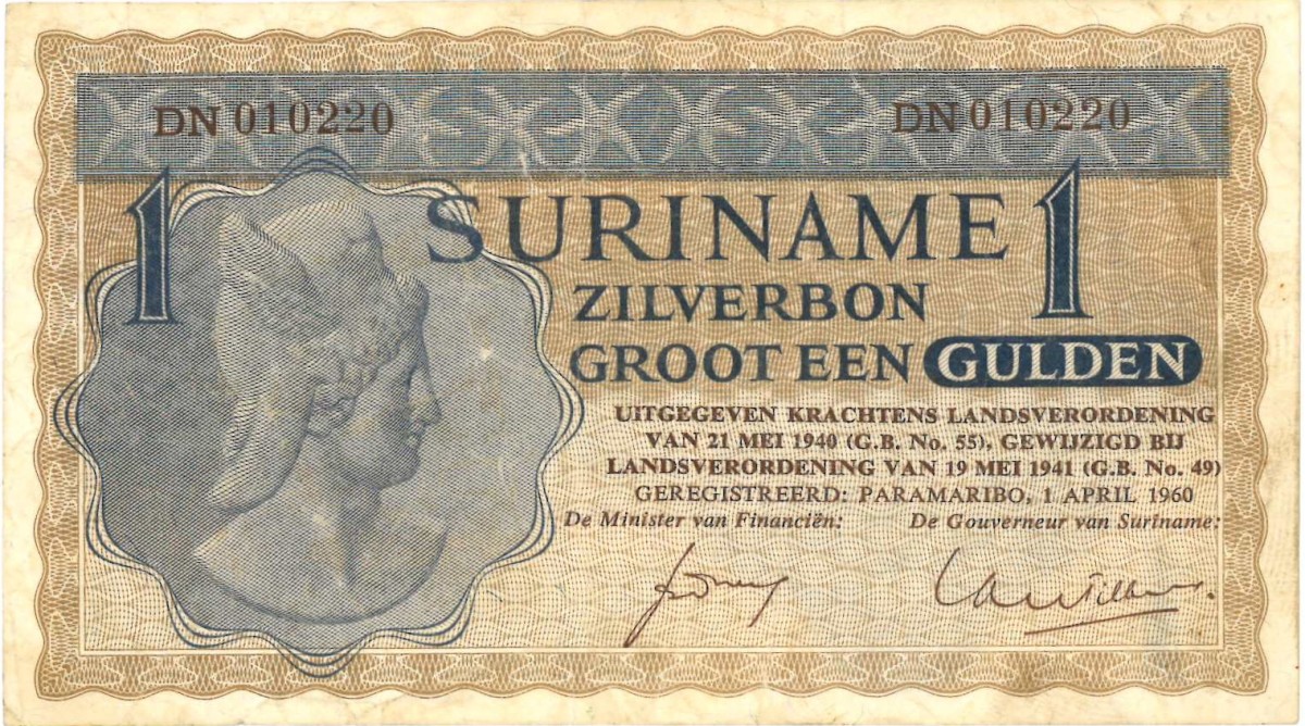 Suriname. 1 gulden . Zilverbon. Type 1950. - Extremely fine.