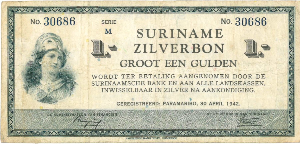 Suriname. 1 gulden . Zilverbon. Type 1940. - Fine / Very fine.