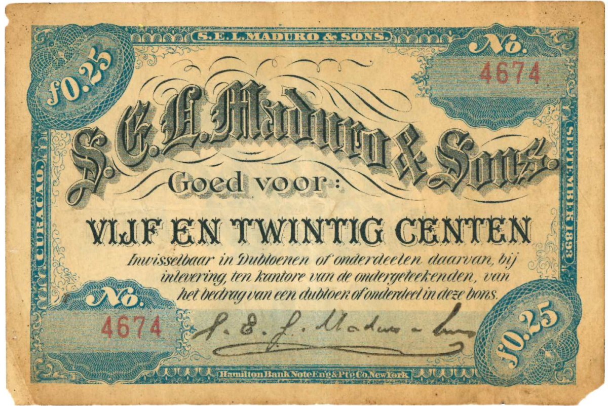 Curaçao. 25 cents. Banknote. Type ND. Type S.E.L. Maduro and Sons. - Fine .