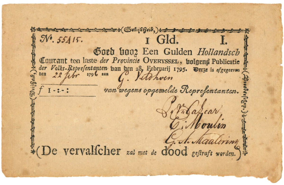 Nederland. 1 gulden . Recepisse. Type 1796. Type Overijssel. - Zeer Fraai.