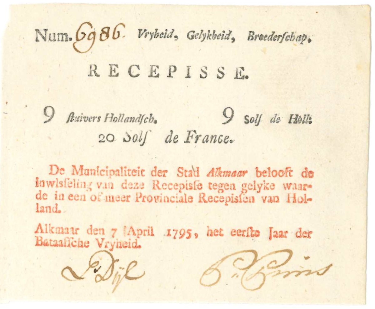 Nederland. 9 stuiver. Recepisse. Type 1795. Type Alkmaar. - Prachtig.