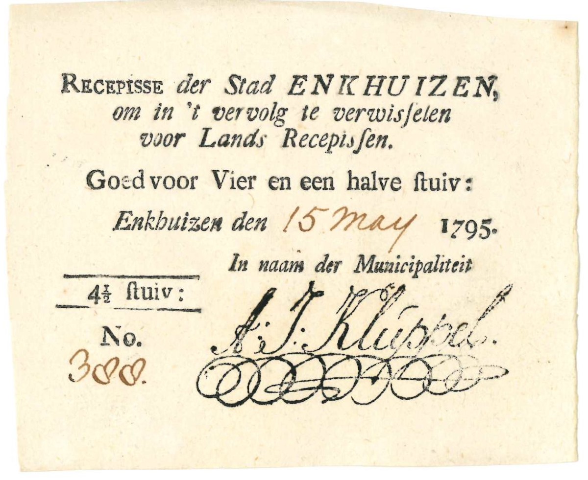 Nederland. 4½ stuiver. Recepisse. Type 1795. Type Enkhuizen. - Zeer Fraai.