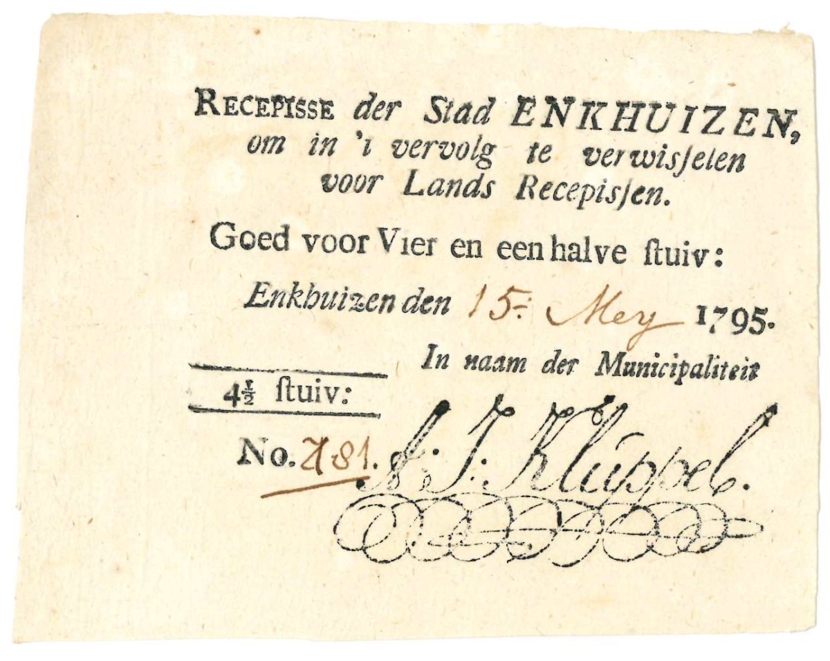 Nederland. 4½ stuiver. Recepisse. Type 1795. Type Enkhuizen. - Zeer Fraai.