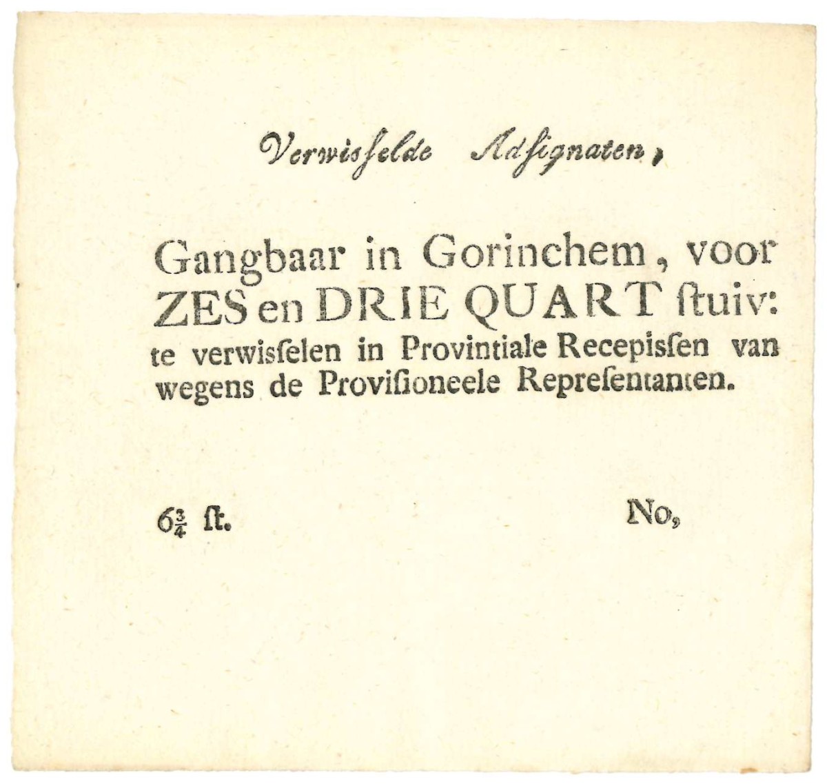 Nederland. 6¾ stuiver. Recepisse. Type 1795. Type Gorinchem. - Zeer Fraai / Prachtig.
