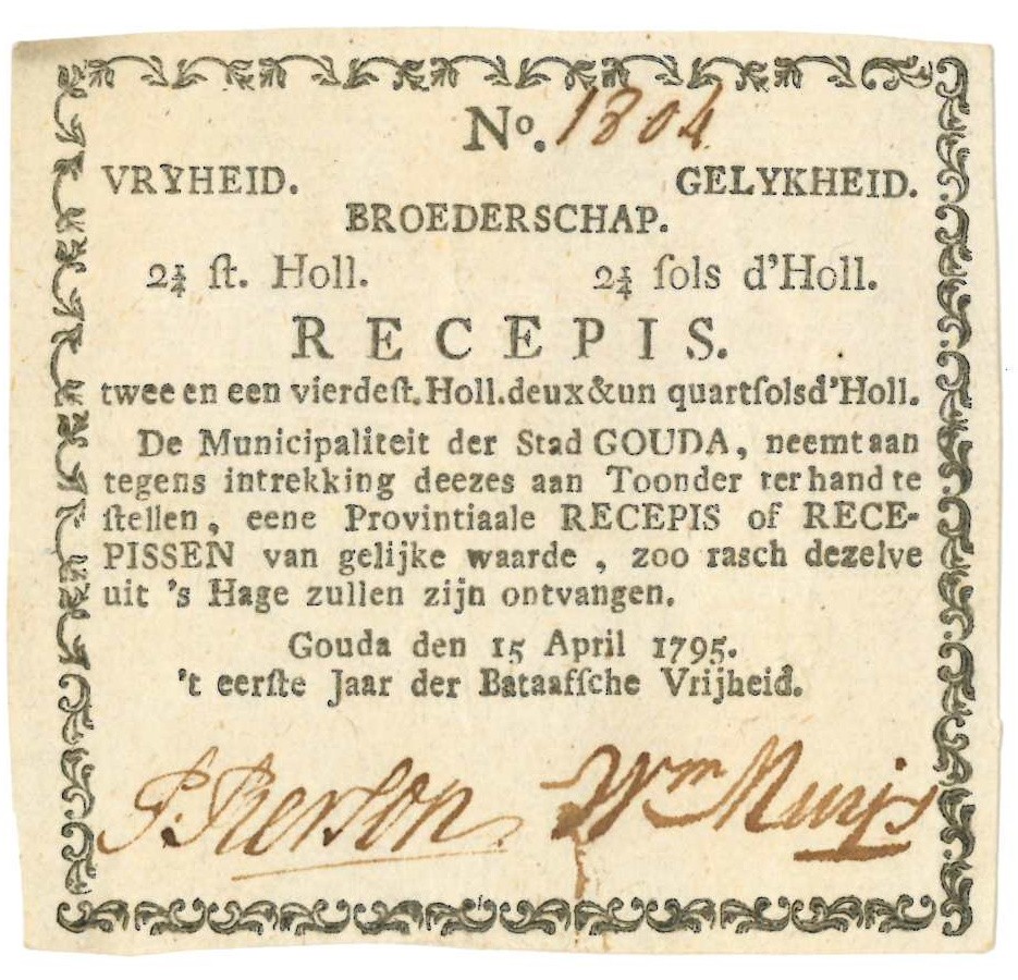 Nederland. 2¼ stuiver. Recepisse. Type 1795. Type Gouda. - Zeer Fraai / Prachtig.