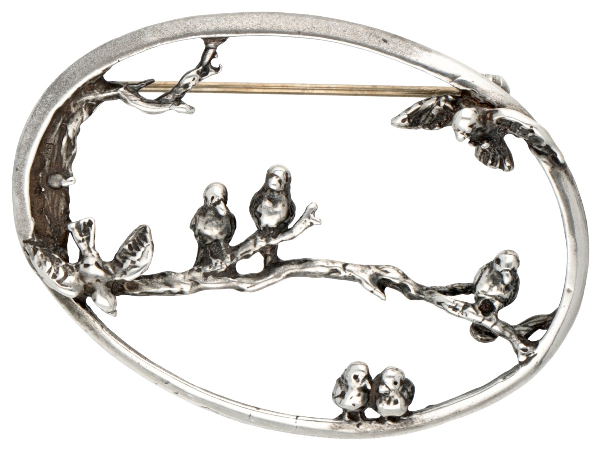 Sterling zilveren broche met vogels op een tak.