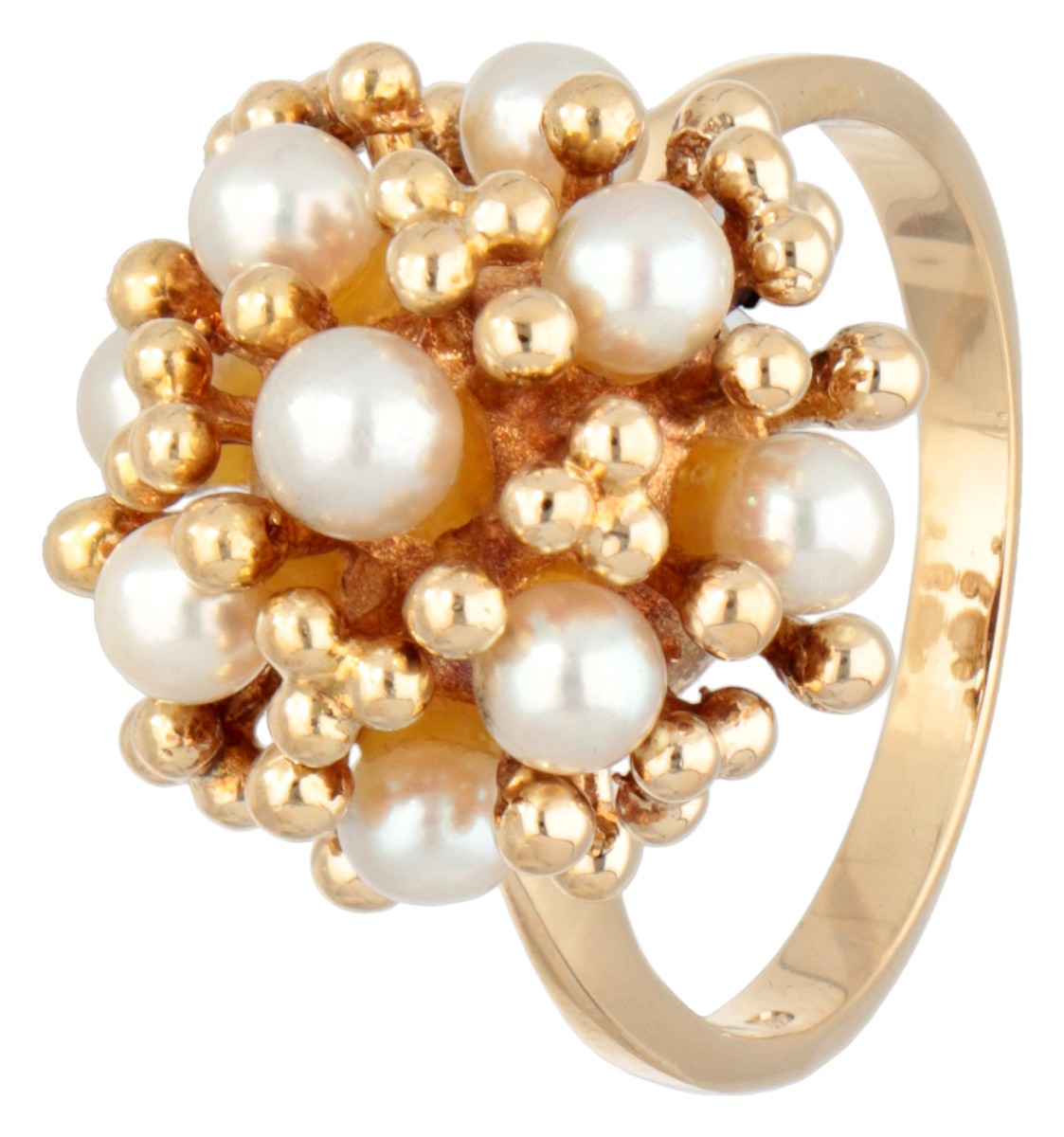 18 kt. Geelgouden 'Sputnik' ring bezet met parels.